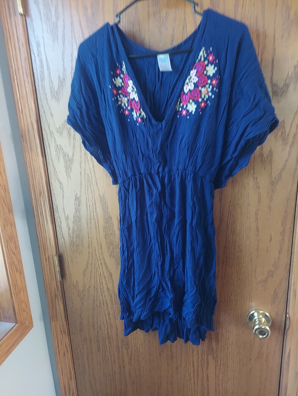 Time and Tru Blue Embroidered V-Neck Swimsuit Coverup Mini Dress XL (16-18)